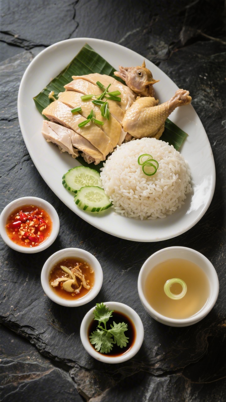 Final dish presentation: Restaurant-quality platter of Hainanese chicken rice set as a composed meal