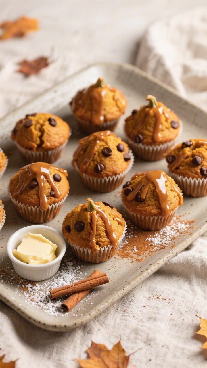 Final dish presentation: Restaurant-quality platter of vegan pumpkin spice muffins with high domes, 