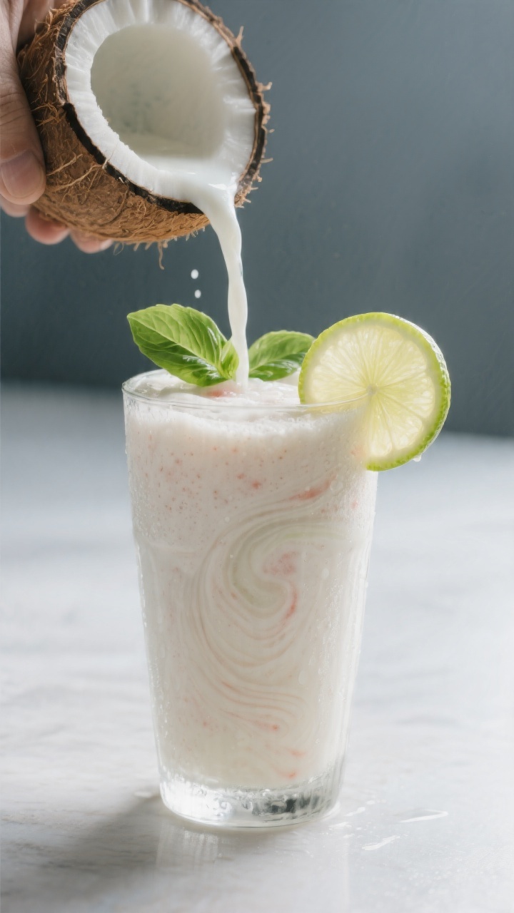 Final dish presentation: Restaurant-quality pour shot still frame of a creamy coconut-watermelon smo