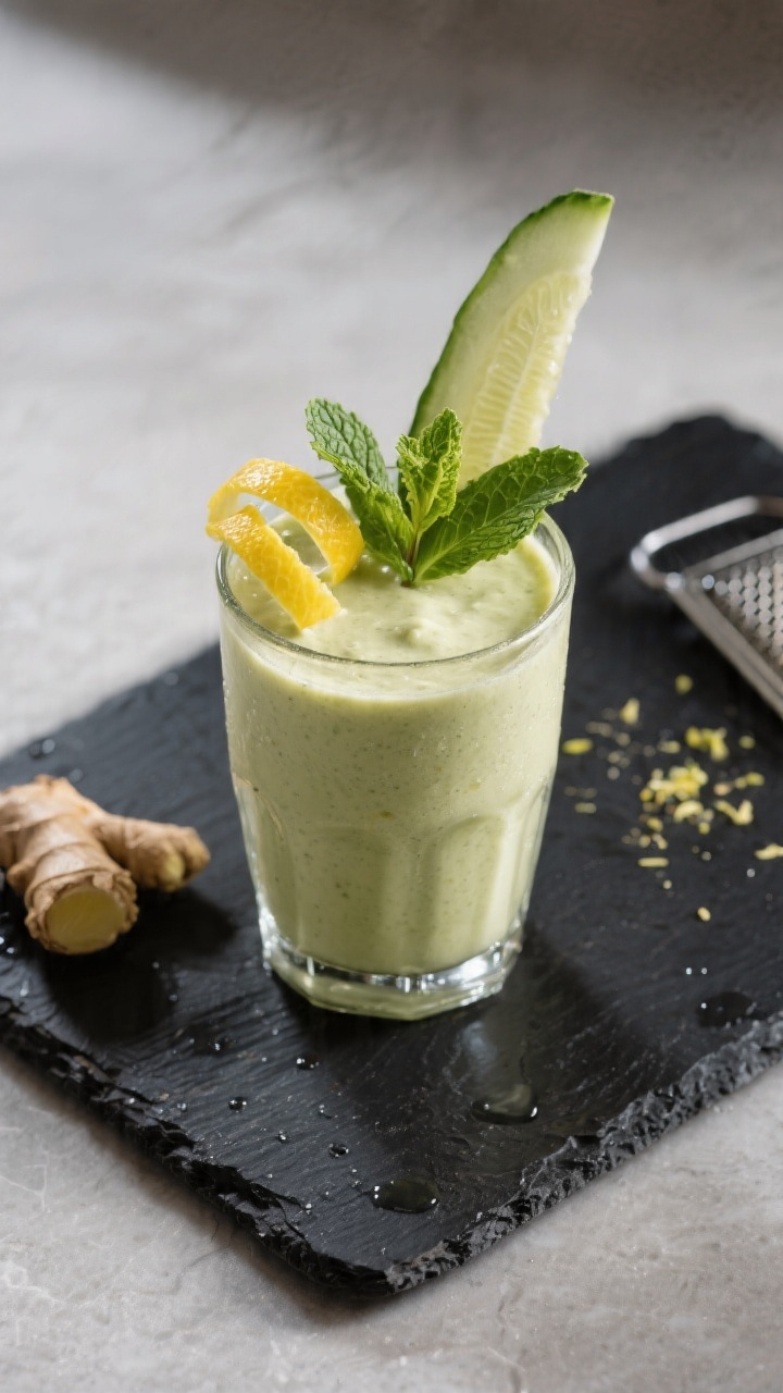 Final dish presentation: Restaurant-quality scene of the smoothie served extra-cold with a thick, cr