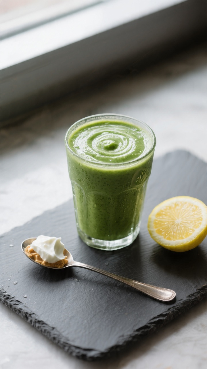 Final dish presentation: Restaurant-quality scene with a thick, creamy Kale Smoothie served in a tal