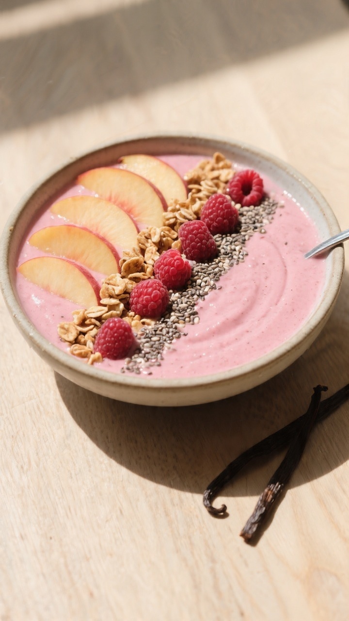 Final dish presentation: Restaurant-quality serving of the smoothie as a smoothie-bowl variation—e