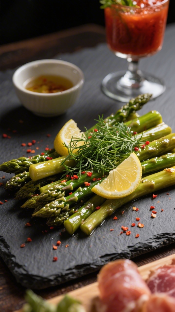 Final dish presentation: Restaurant-quality serving of pickled asparagus arranged on a slate board a