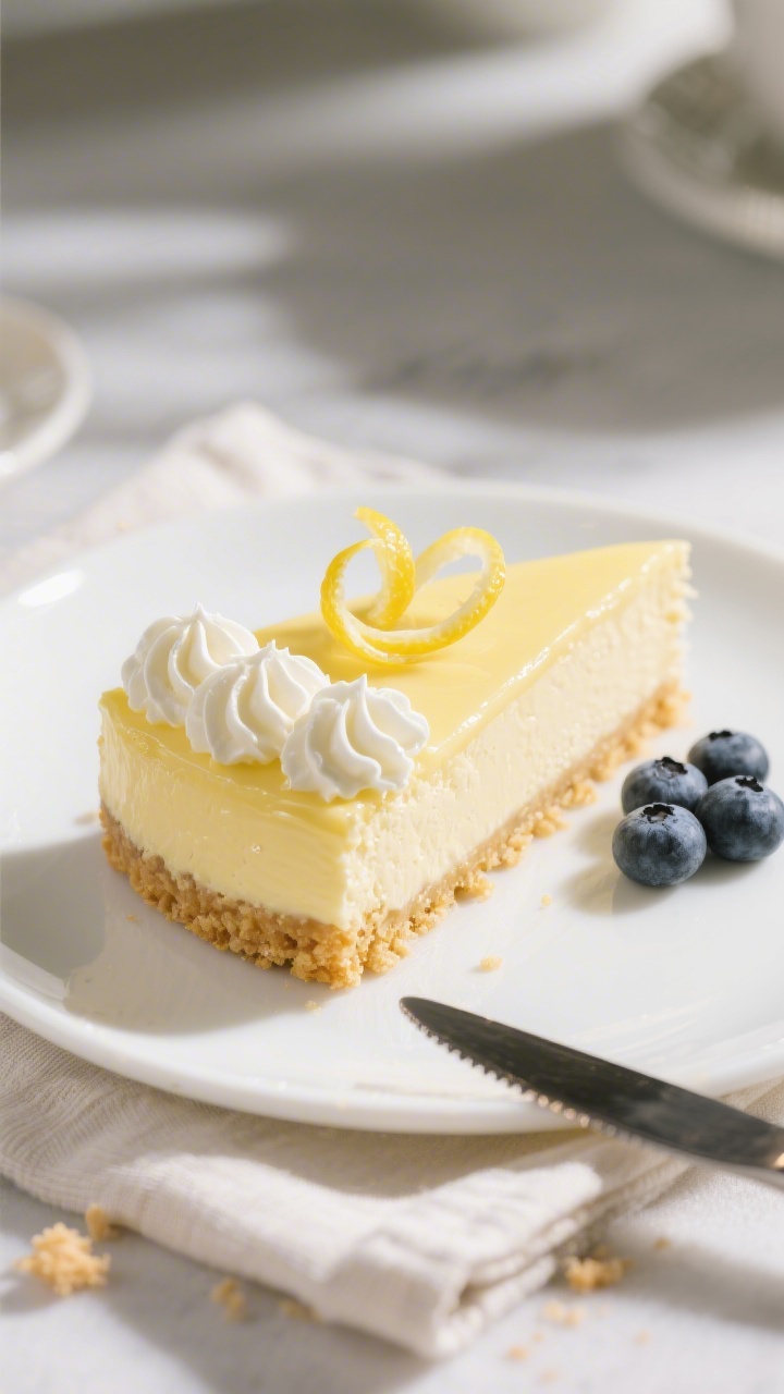 Final dish presentation: Restaurant-quality slice of no bake lemon cheesecake on a white ceramic pla