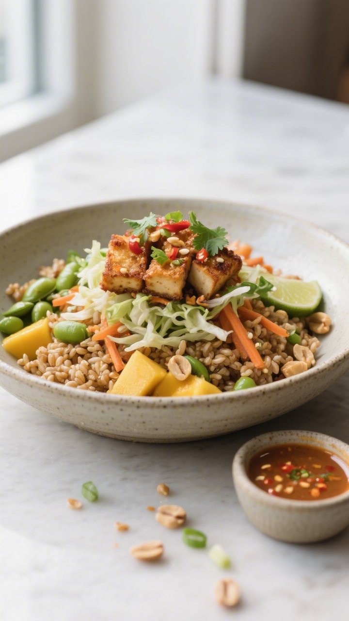 Final dish presentation: Restaurant-quality Thai-Inspired Crunch Bowl variation—farro base crowned