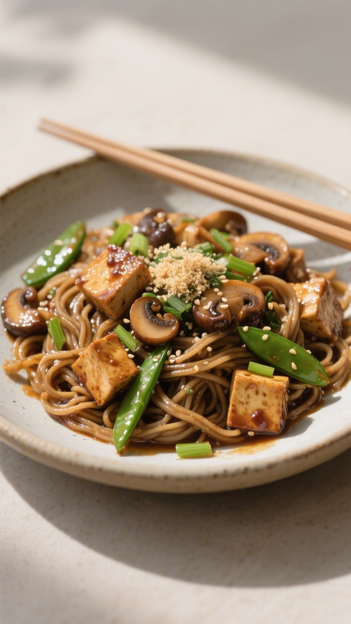 Final dish presentation: Restaurant-quality Tofu Stir-Fry With Soba (~30–33g) plated in a shallow 