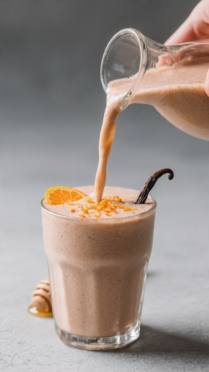 Final dish presentation: Restaurant-style pour scene of the finished smoothie being streamed from a 