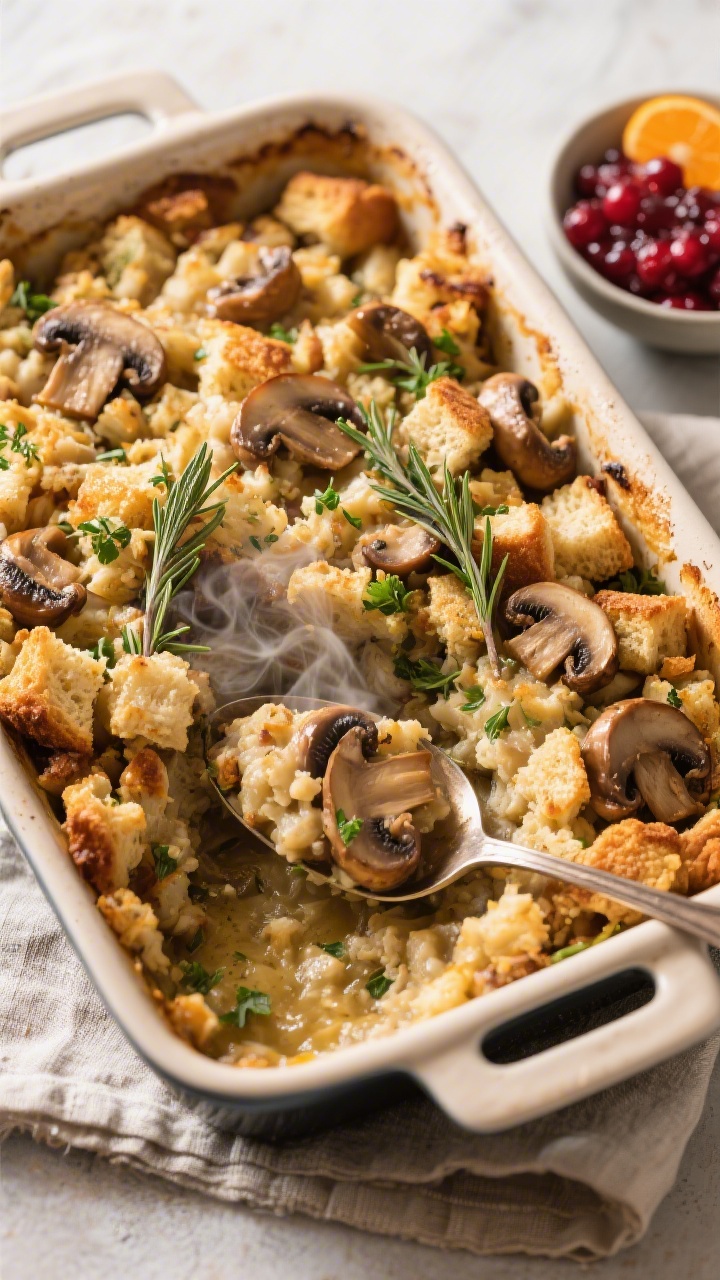 Final dish presentation: Savory Mushroom Herb Stuffing in a rustic baking dish, top-down hero shot s