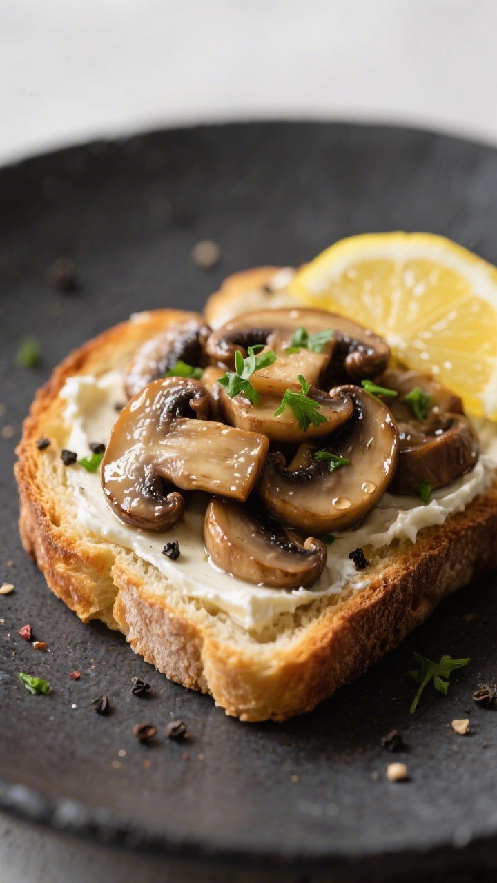 Final dish presentation: Savory mushroom toast plated on a dark stoneware plate—golden sourdough s