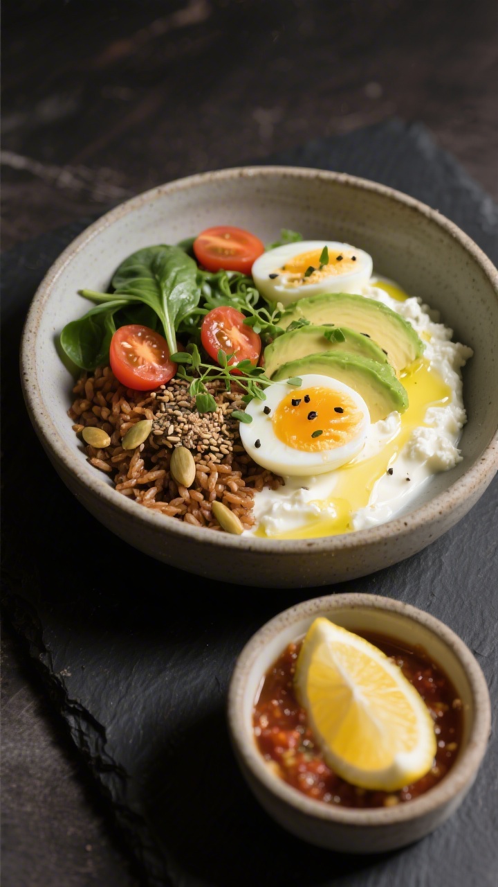 Final dish presentation: Savory version beautifully plated—yogurt-cottage cheese base with warm br