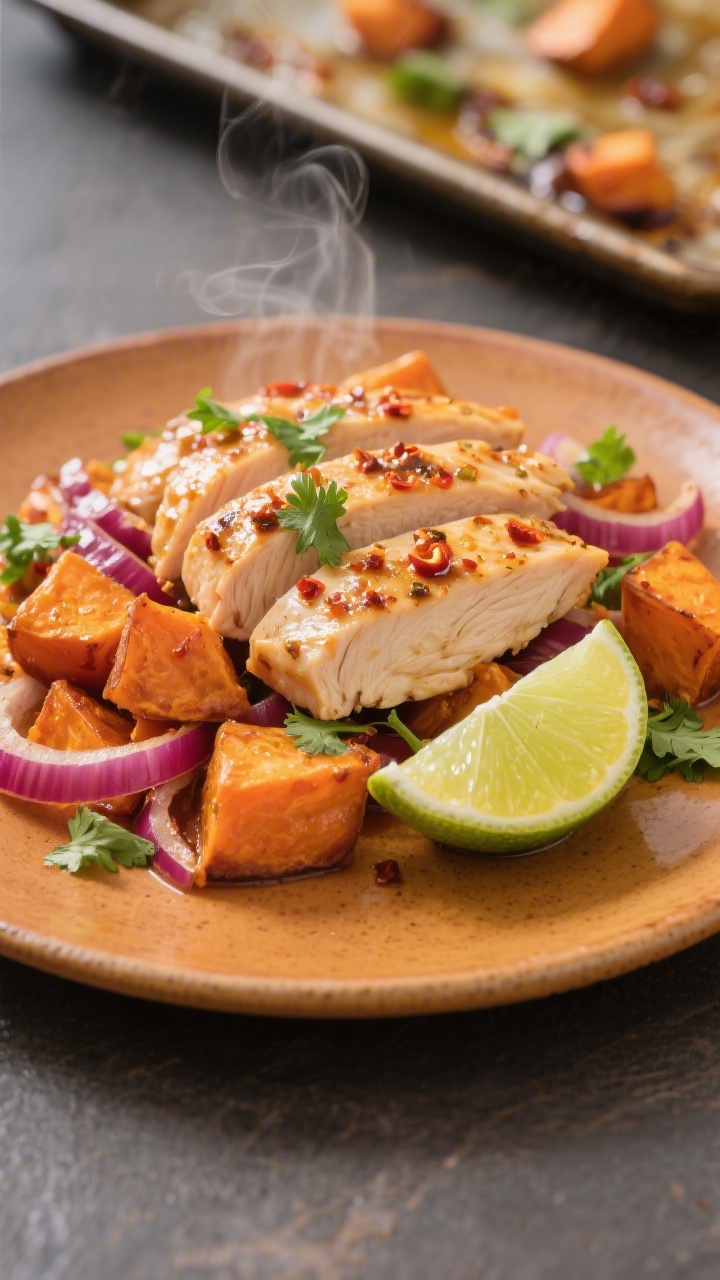 Final dish presentation: Sheet-Pan Chili-Lime Chicken and Sweet Potatoes plated restaurant-style—j
