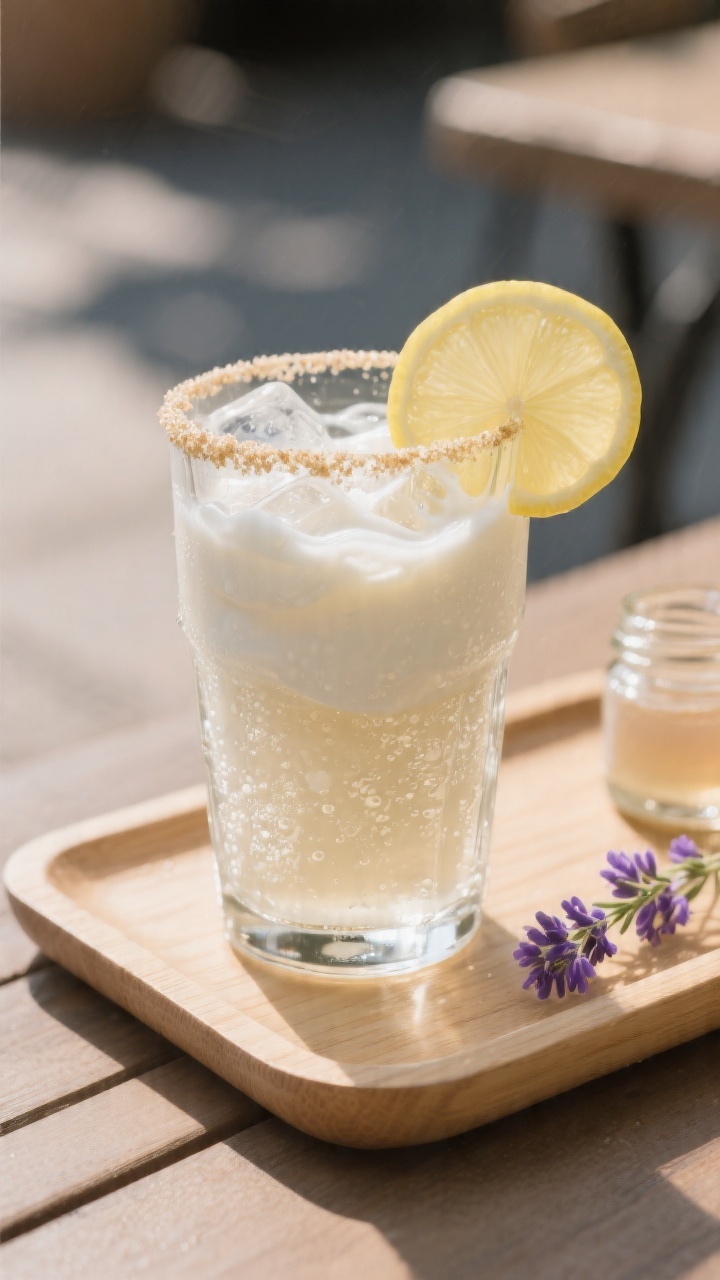 Final dish presentation: Single hero glass of classic vanilla cream soda styled for the patio—crys
