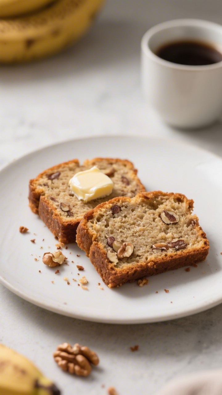 Final dish presentation: Sliced banana bread served on a matte white plate, two neat slices fanned s
