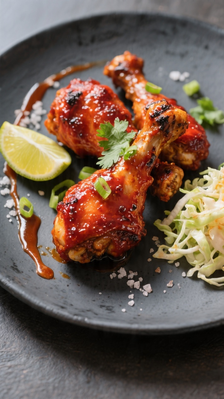 Final dish presentation: Spicy chipotle BBQ chicken drumsticks plated restaurant-style on a matte ch