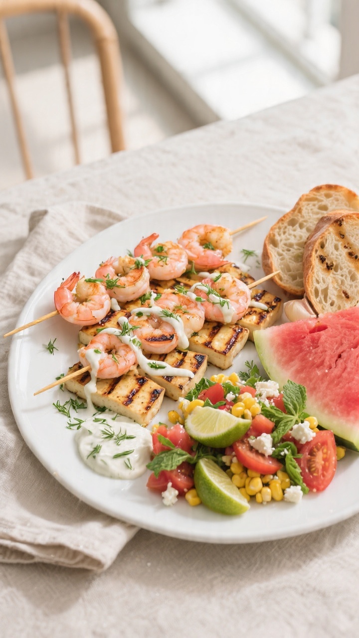 Final dish presentation: Summery platter featuring marinated shrimp skewers with light pink snap and