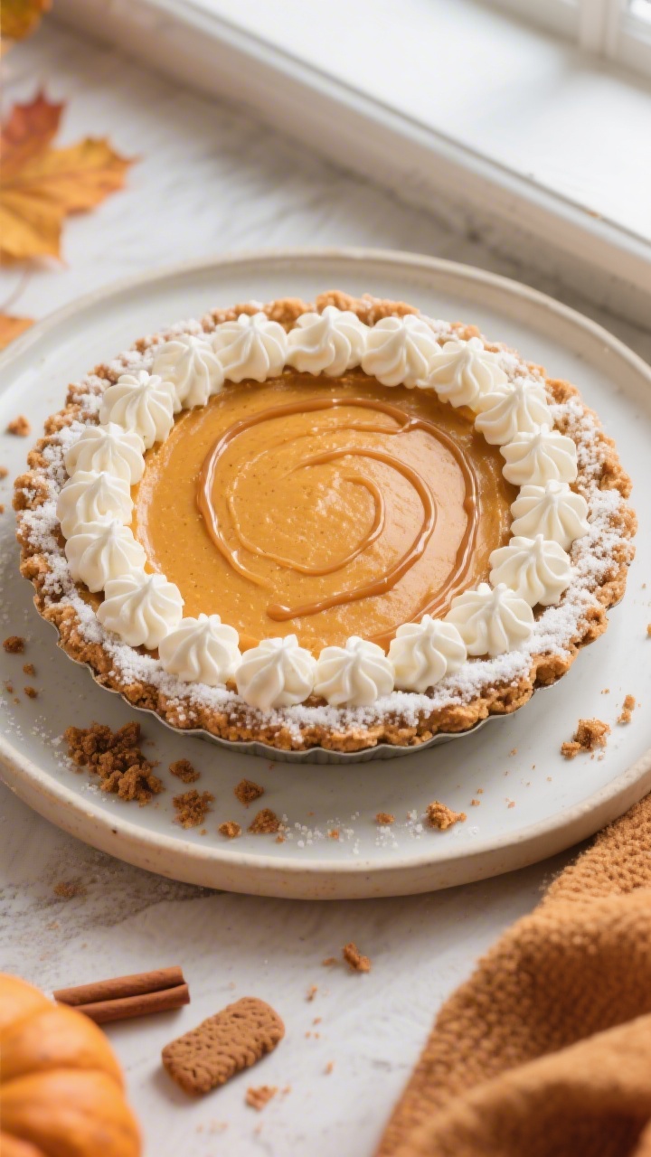 Final dish presentation: Tasty top view of the finished no-bake pumpkin pie set in a 9-inch pie dish