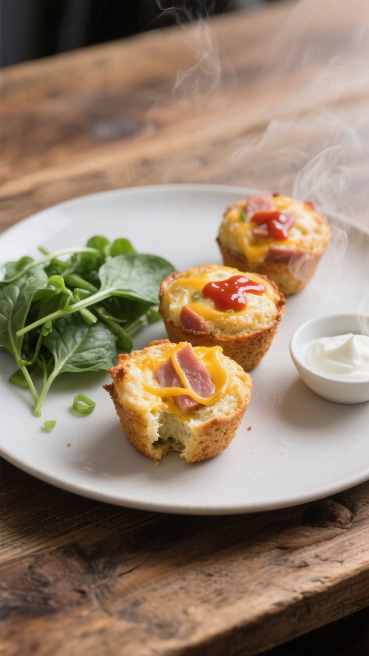 Final dish presentation: Three ham and cheddar egg muffins neatly plated on a matte white plate with