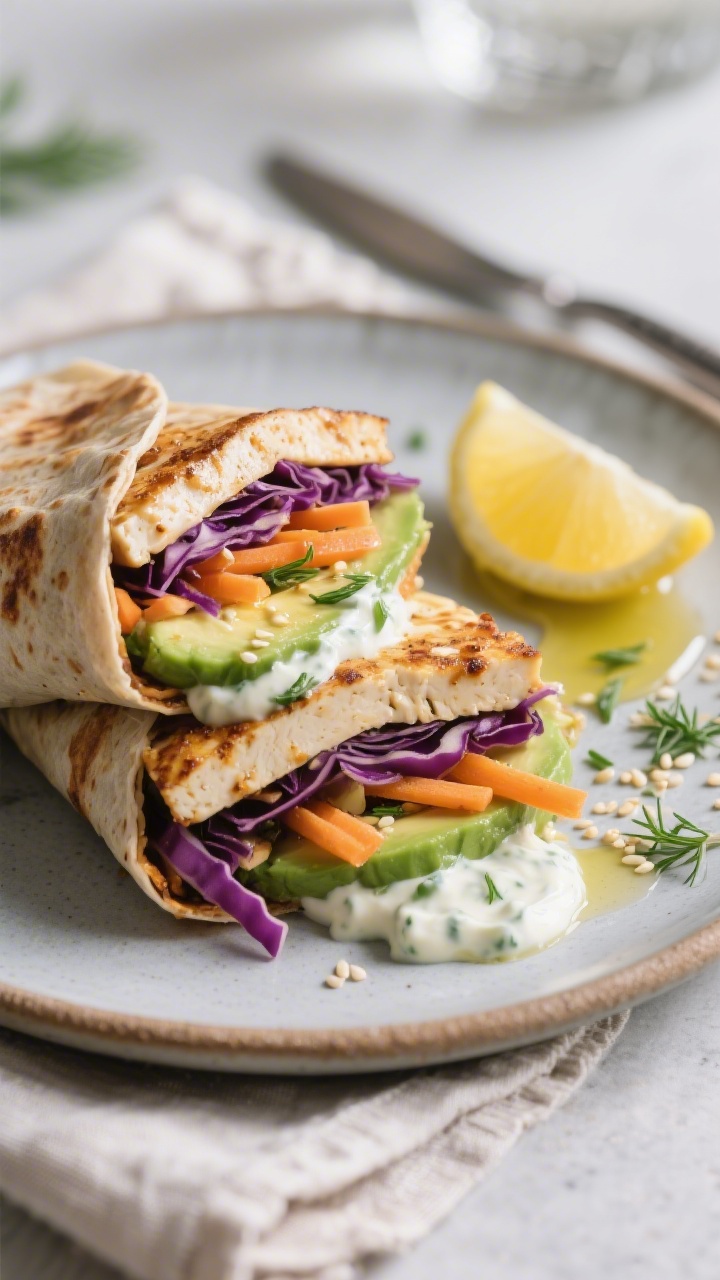 Final dish presentation: Tofu Crunch Wrap sliced on a diagonal to reveal stacked layers—firm marin