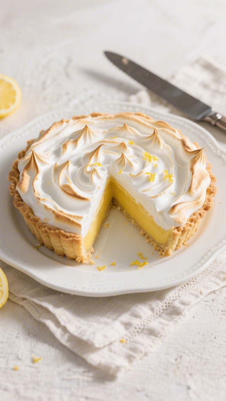 Final dish presentation: Top-down hero shot of a chilled lemon meringue pie with one neat slice lift