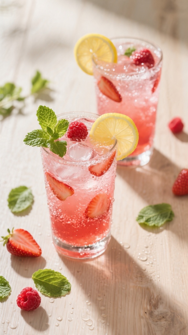 Final dish presentation: Vibrant strawberry lemonade finished and ready to serve—highball glasses 