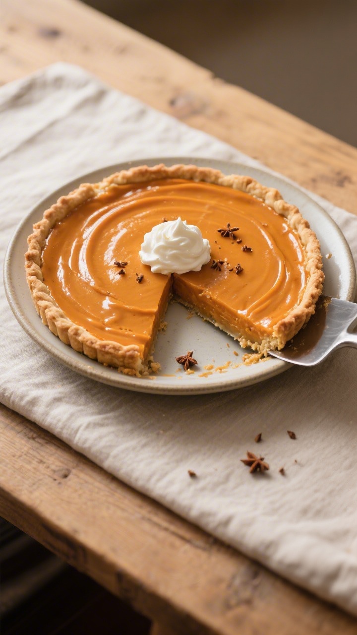 Final dish presentation: Whole pie on a simple ceramic pie dish, rich amber-orange custard and evenl