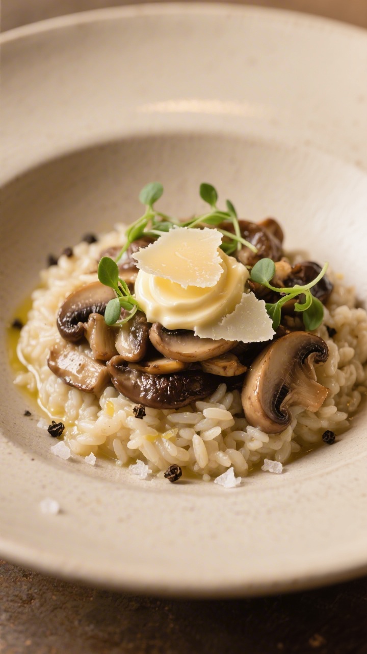 Final dish presentation: Wild mushroom risotto plated in a wide shallow bowl, creamy arborio rice wi