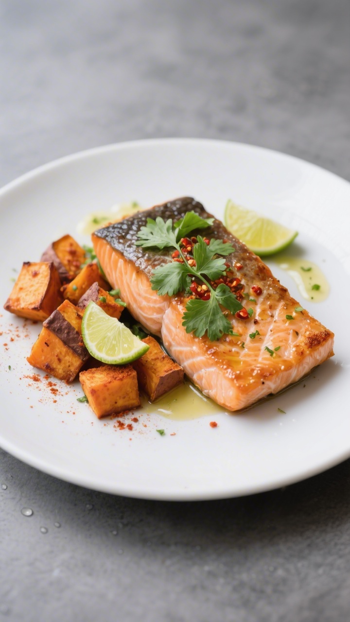 Final dish – Salmon with Chili-Lime Sweet Potatoes: Beautifully plated chili-lime salmon fillet wi