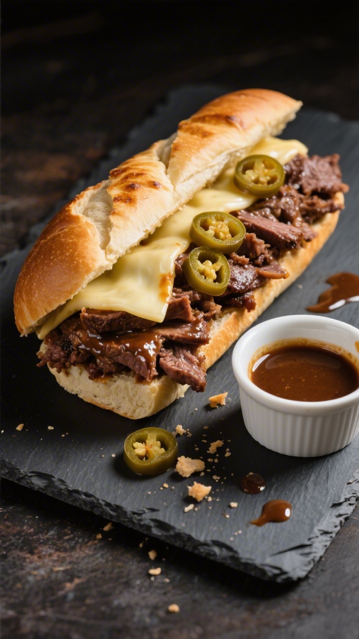 Final dish sandwich presentation: Beautifully stacked Mississippi pot roast hoagie on toasted roll w