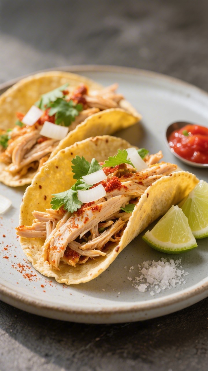 Final dish — Street-style tacos: Beautifully plated shredded chicken tacos on warm corn tortillas,