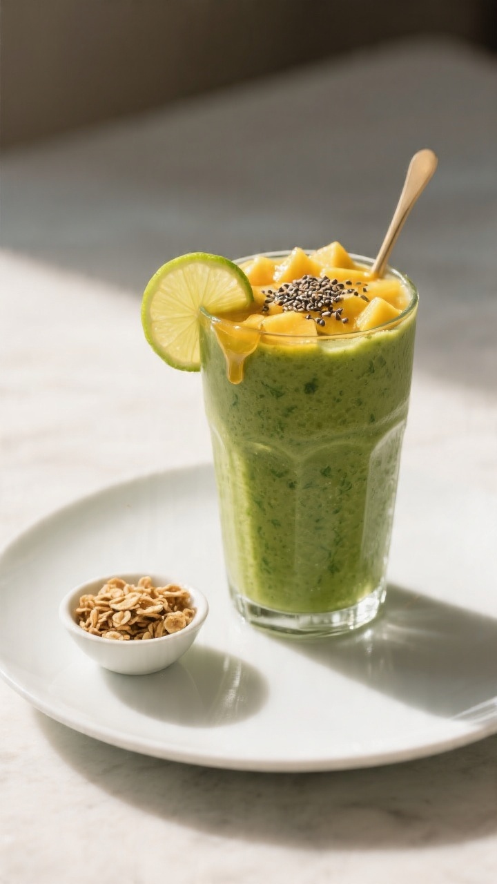 Final dish: Tall chilled glass of Mango Kale Smoothie King with a thick, spoonable consistency, topp