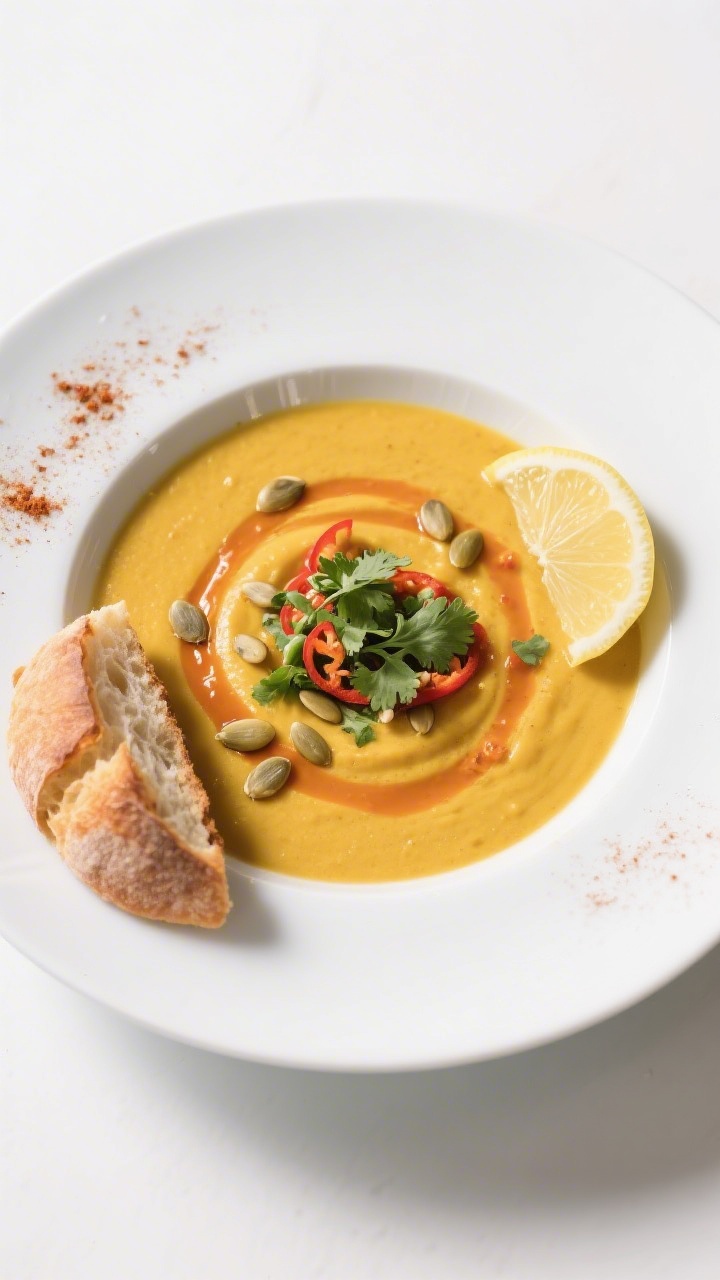 Final dish, tasty top view: Creamy butternut curry soup plated restaurant-style. Overhead shot of a 