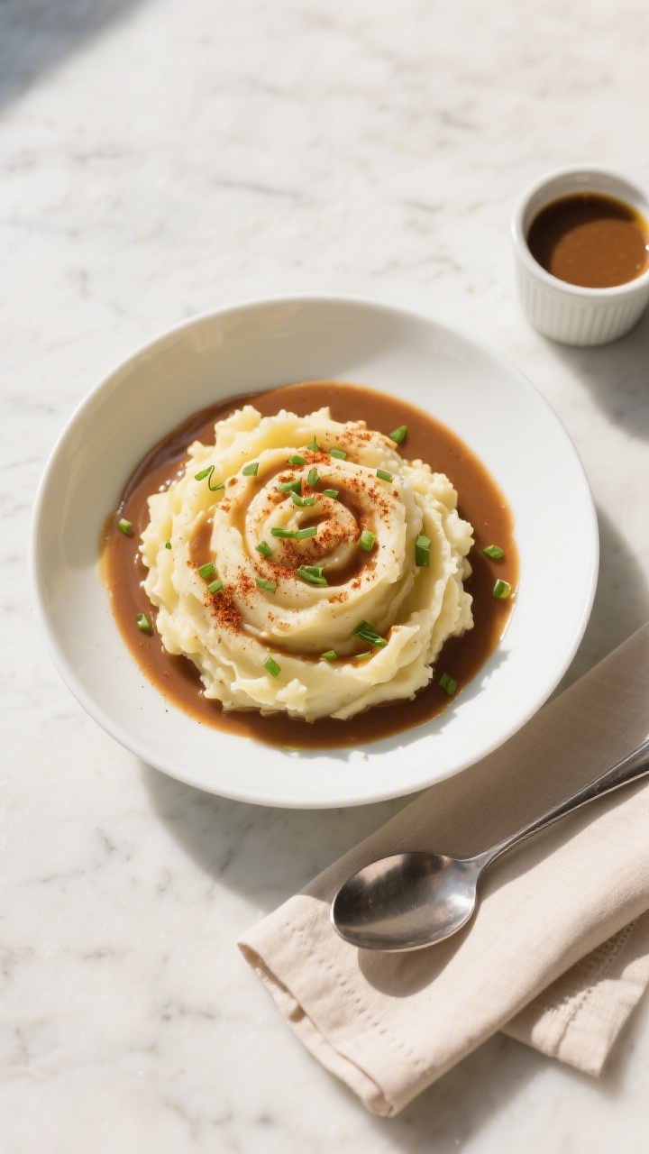 Final dish, tasty top view: Overhead shot of a generous scoop of vegan mashed potatoes in a shallow 
