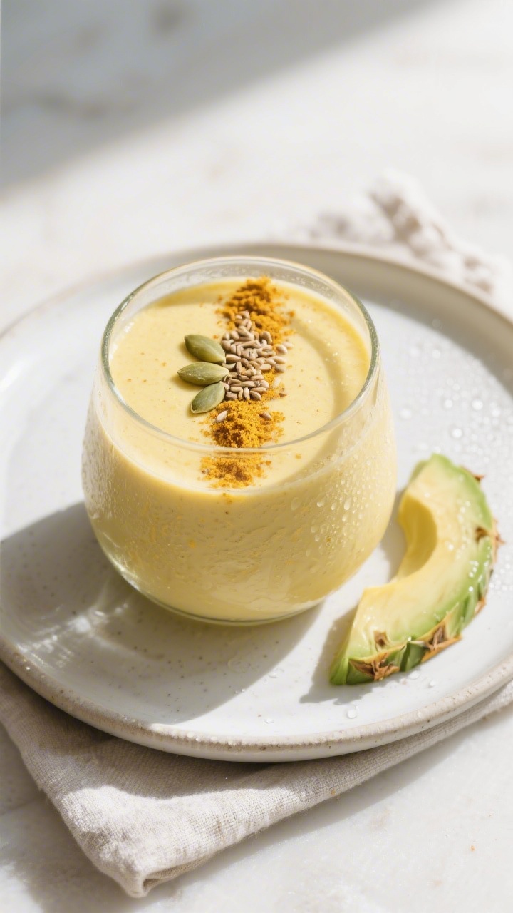 Final dish, tasty top view: Tropical Tofu Protein Smoothie served in a low, wide glass on a matte wh