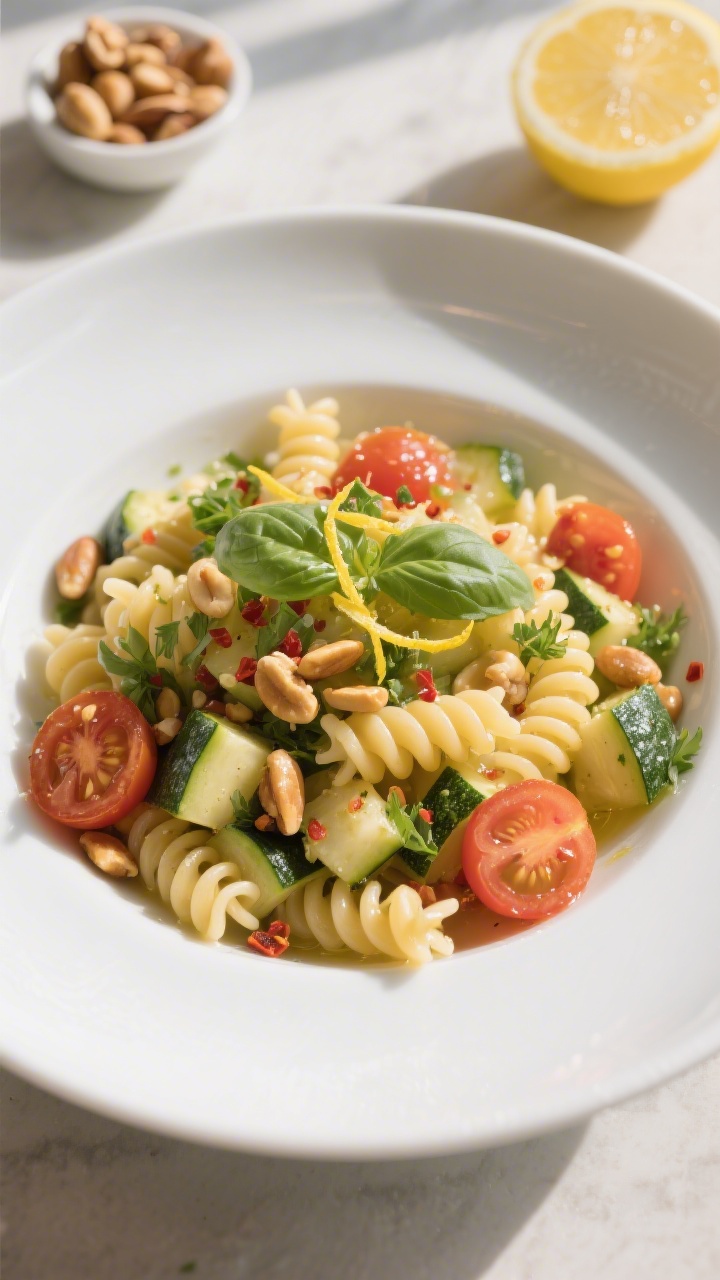 Final dish top view: Lemony herb summer pasta plated in a low, wide white bowl—al dente rotini tos