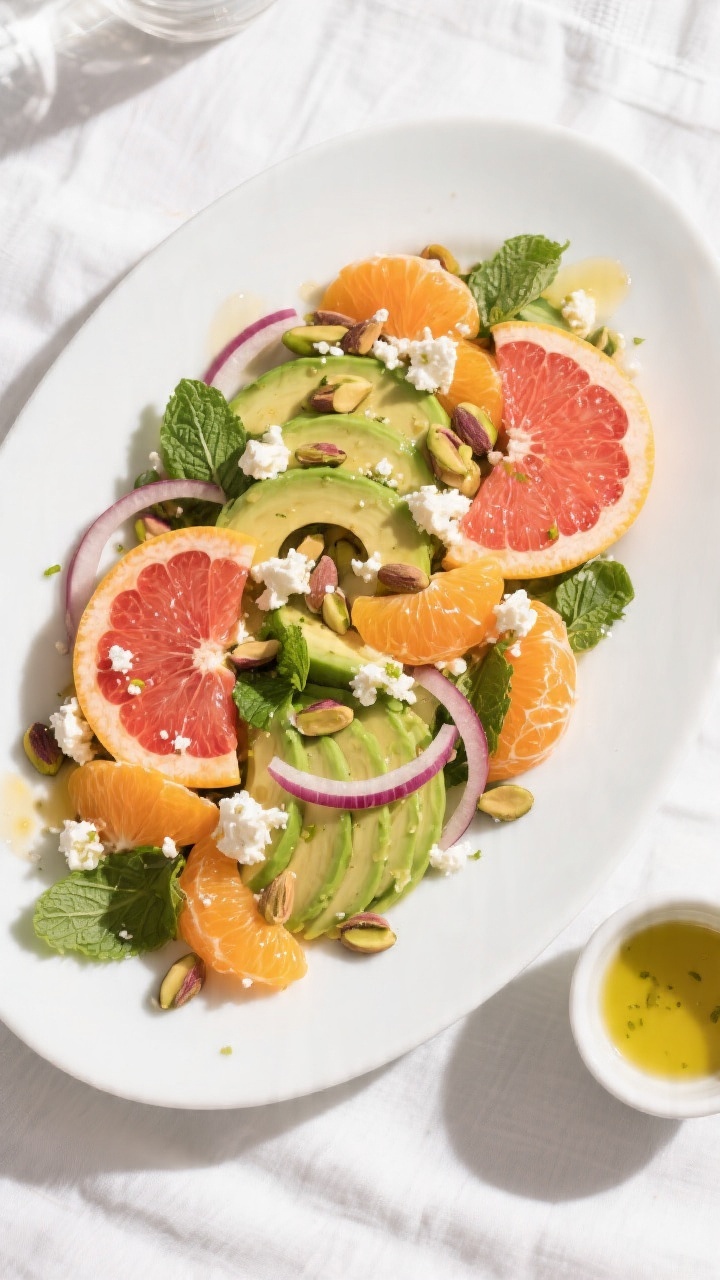 Final dish top view: Overhead hero shot of the fully plated Citrus Salad on a wide, flat white platt