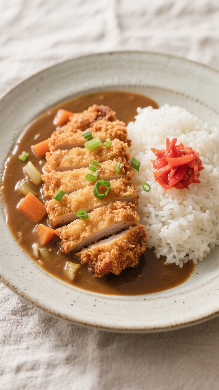 Final dish top view: Overhead shot of chicken katsu curry plated—neat bed of steamed short-grain r