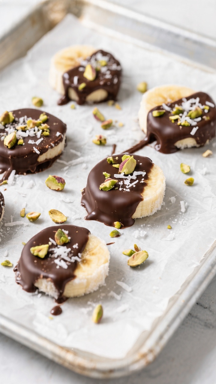 Final dish, top view: Overhead shot of Chocolate-Covered Banana Bites on a parchment-lined sheet pan