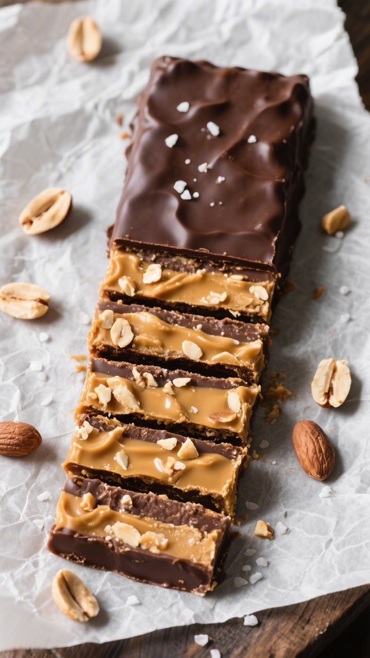 Final dish top view: Tasty overhead of a Snickers-style vegan bar slab on parchment, sliced into nea