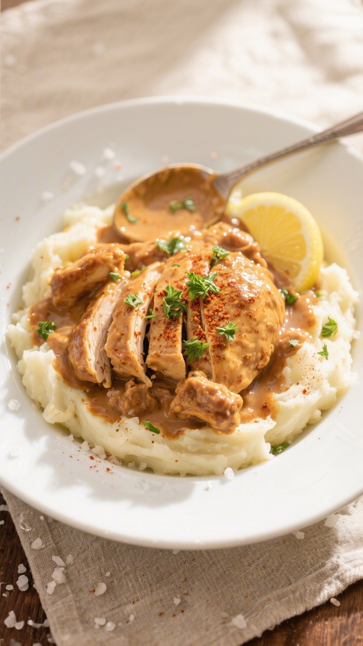 Final dish top view: Texas Roadhouse Butter Chicken Skillet plated over buttery mashed potatoes in a