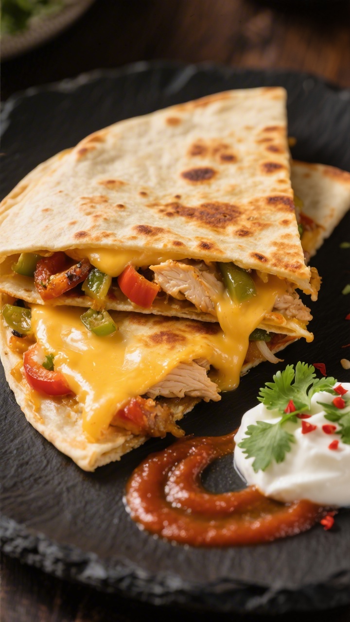 Final dish — Tortilla Hack Quesadilla: Beauty plate, 45-degree angle close-up of a golden, crisp f