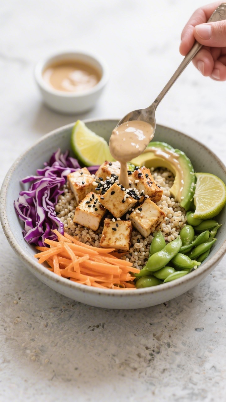 Final dish with process element: Tofu Rainbow Bowl assembly in progress—pre-cooked quinoa base alr