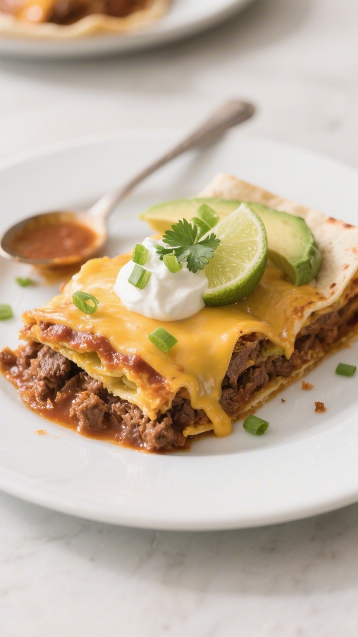 Final plated beauty: A clean slice of Beef Enchilada Casserole on a white ceramic plate, layers neat