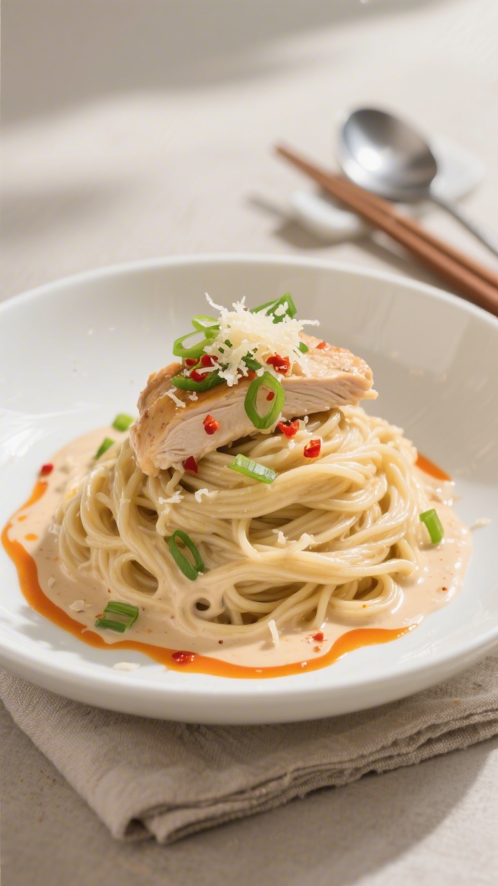 Final plated beauty: Chicken Ramen with Creamy Garlic Sauce twirled high in a shallow white bowl, sa