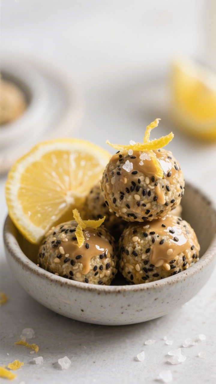 Final plated beauty: Close-up hero shot of Lemon Poppy Seed energy balls stacked in a small matte st