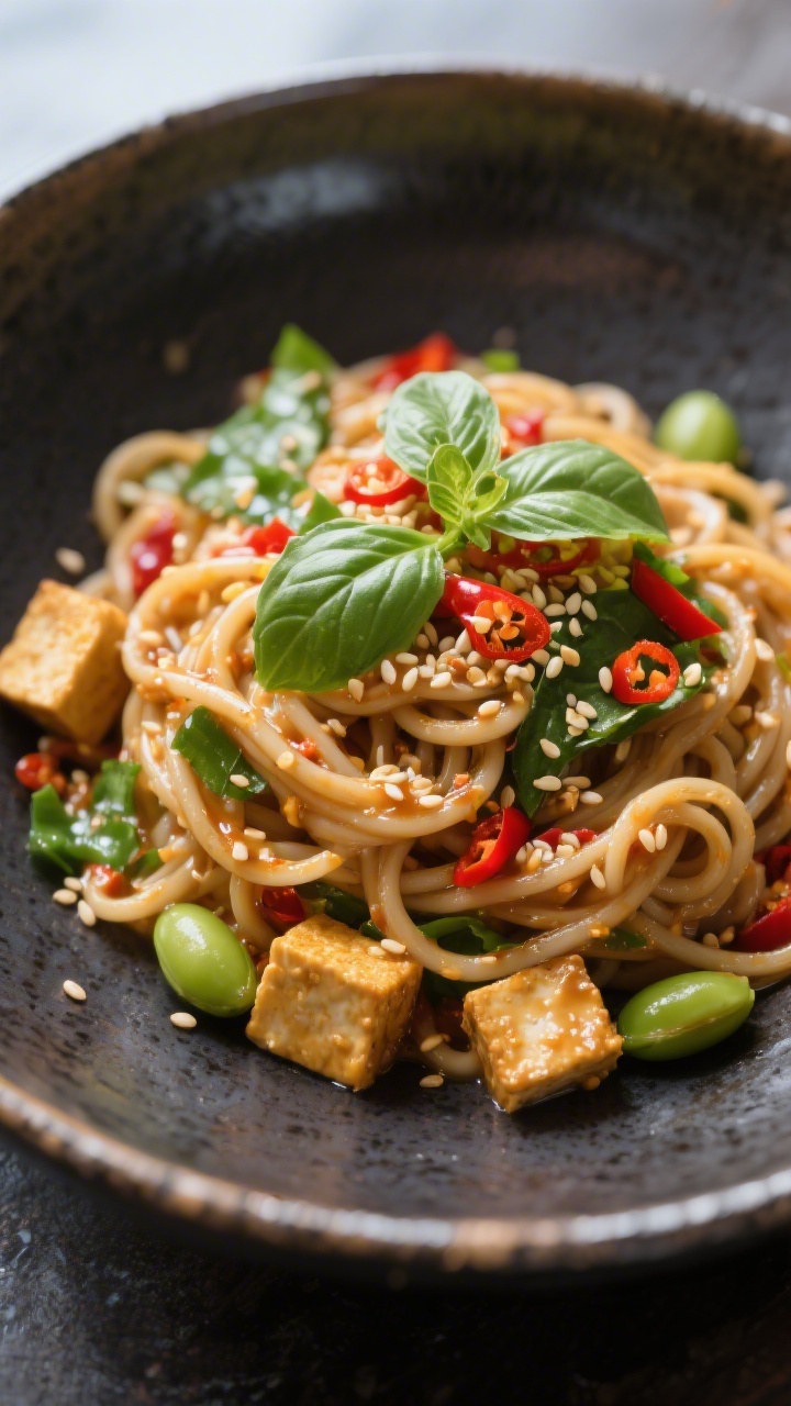 Final plated beauty: Restaurant-quality presentation of chilled spicy peanut noodle salad, sauce cli