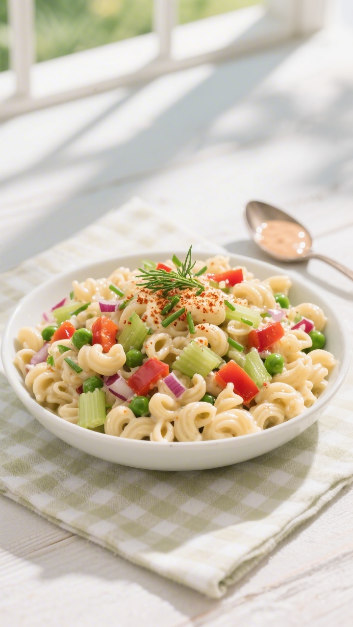 Final plated beauty shot: Classic macaroni salad mounded in a shallow white ceramic bowl, luxuriousl