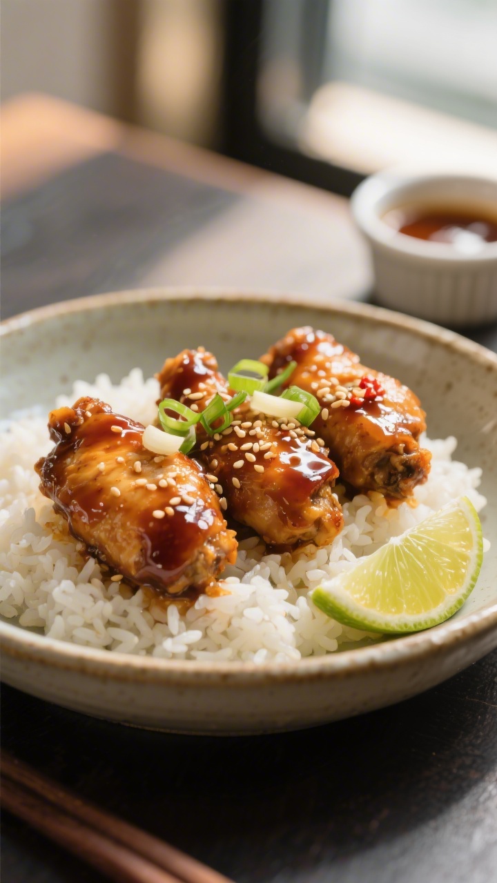Final plated beauty shot: Three-piece close-up of saucy chicken bites in a shallow ceramic bowl set 