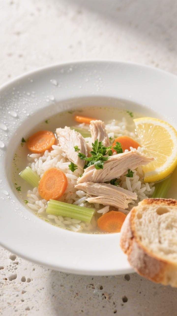 Final plated bowl: A beautifully plated bowl of chicken and rice soup with a light, clear broth, gen