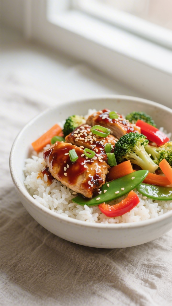 Final plated bowl beauty shot: Teriyaki chicken rice bowl in a matte white ceramic bowl on a neutral