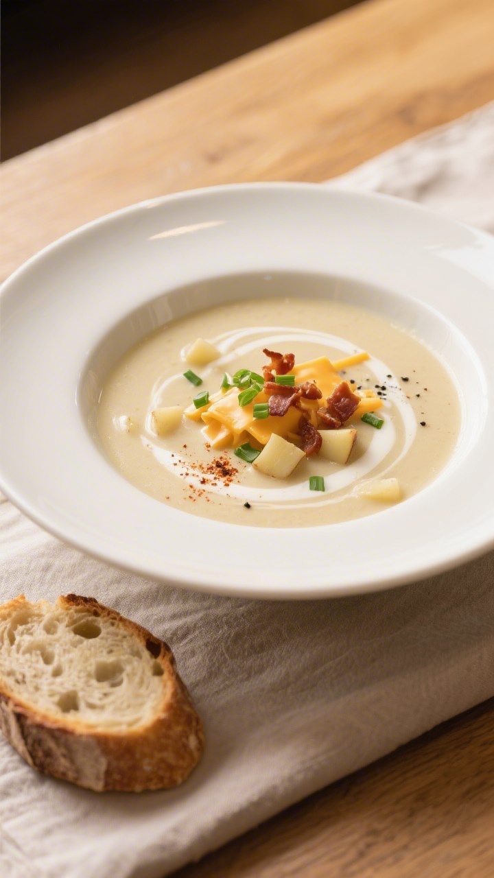 Final plated bowl, restaurant-quality: Silky potato soup ladled into a wide, white ceramic bowl, tex